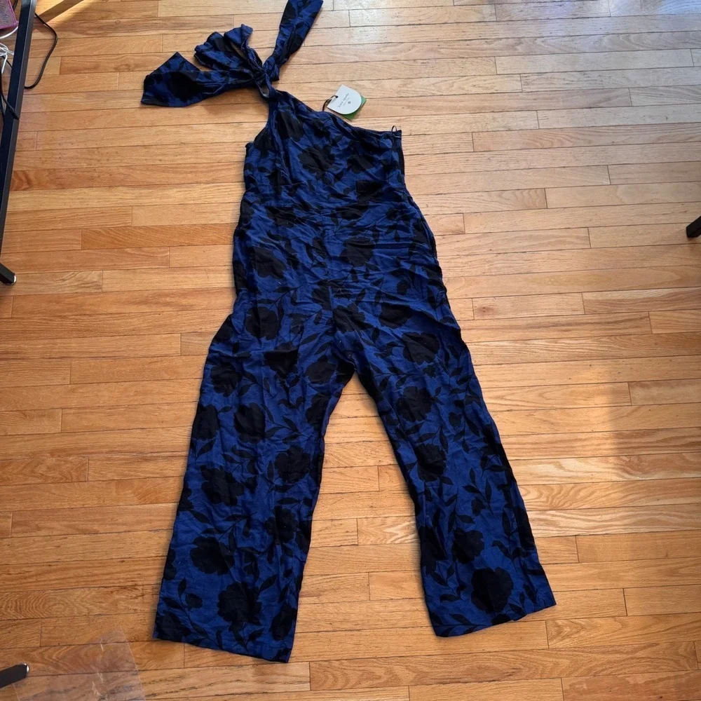 Kate Spade Target Blue Black Floral One Shoulder Bow Jumpsuit Size 14 NWT